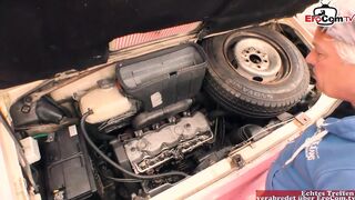 Fresh trainee with perfect boobs rides 2 mature studs in a threesome in the car