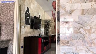 Stepdaughter caught peeping and masturbates Stepfather, swallows him dry and swaps his spunk mouth to mouth