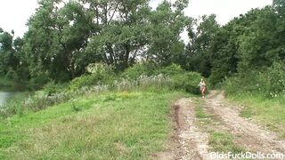 Older grumpy Daddy rides hot 18yo blonde lady outdoors