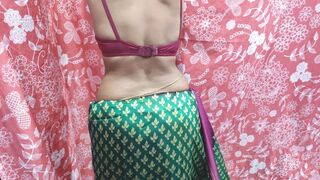 Sweet housewife saree wearing and breasts press by the servant